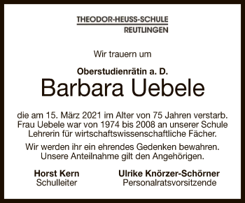 Anzeige von Barbara Uebele von Reutlinger General-Anzeiger