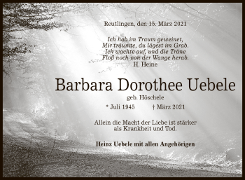 Anzeige von Barbara Dorothee Uebele von Reutlinger General-Anzeiger