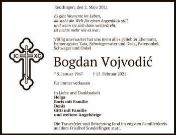 Anzeige von Bogdan Vojvodic von Reutlinger General-Anzeiger