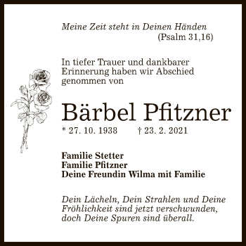 Anzeige von Bärbel Pfitzner von Reutlinger General-Anzeiger