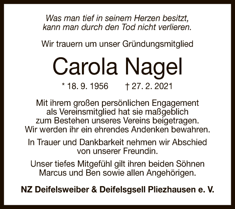  Traueranzeige für Carola Nagel vom 04.03.2021 aus Reutlinger General-Anzeiger