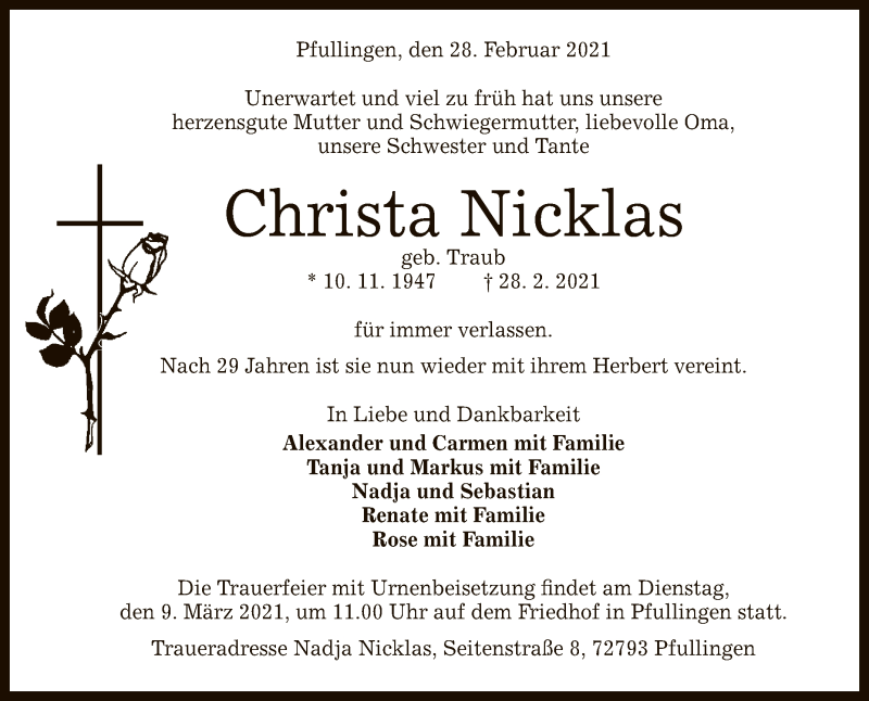  Traueranzeige für Christa Nicklas vom 06.03.2021 aus Reutlinger General-Anzeiger