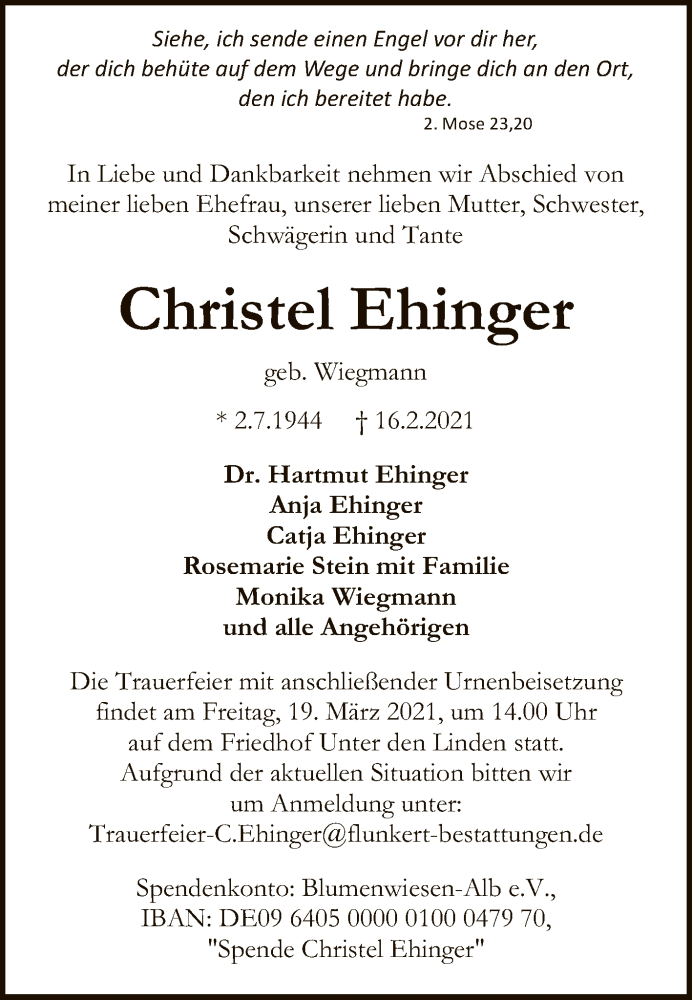  Traueranzeige für Christel Ehinger vom 10.03.2021 aus Reutlinger General-Anzeiger