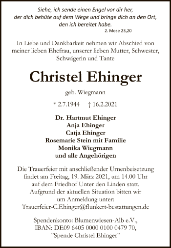 Anzeige von Christel Ehinger von Reutlinger General-Anzeiger