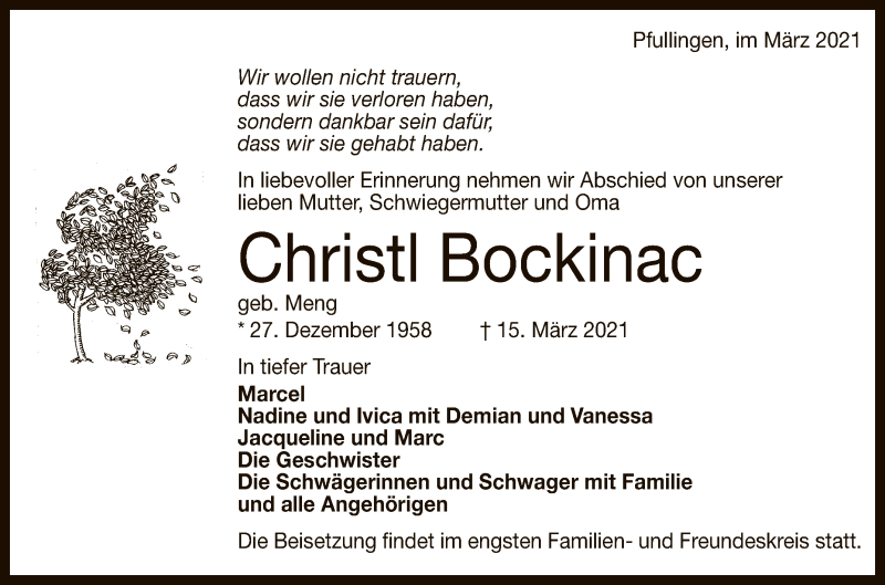  Traueranzeige für Christl Bockinac vom 20.03.2021 aus Reutlinger General-Anzeiger