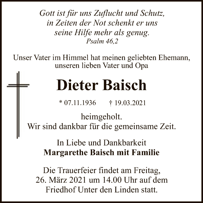  Traueranzeige für Dieter Baisch vom 24.03.2021 aus Reutlinger General-Anzeiger