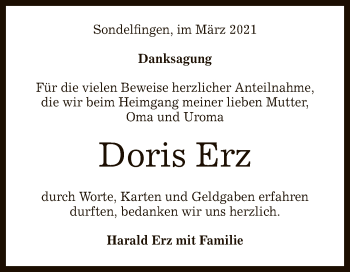 Anzeige von Doris Erz von Reutlinger General-Anzeiger