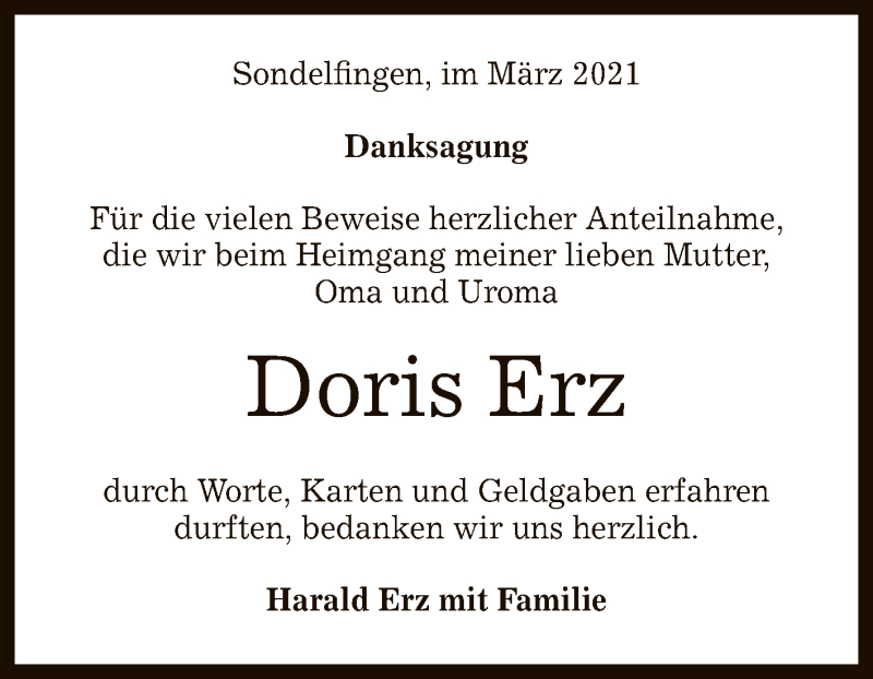  Traueranzeige für Doris Erz vom 06.03.2021 aus Reutlinger General-Anzeiger