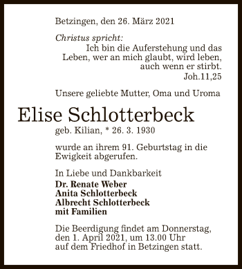 Anzeige von Elise Schlotterbeck von Reutlinger General-Anzeiger