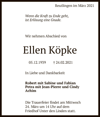 Anzeige von Ellen Köpke von Reutlinger General-Anzeiger