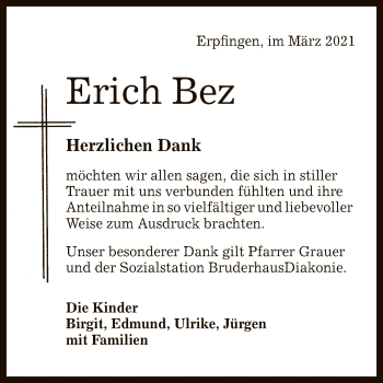 Anzeige von Erich Bez von Reutlinger General-Anzeiger