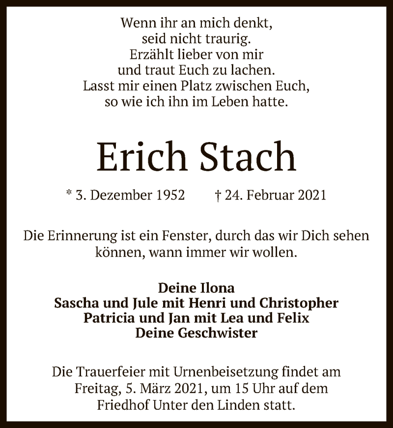 Traueranzeige für Erich Stach vom 02.03.2021 aus Reutlinger General-Anzeiger