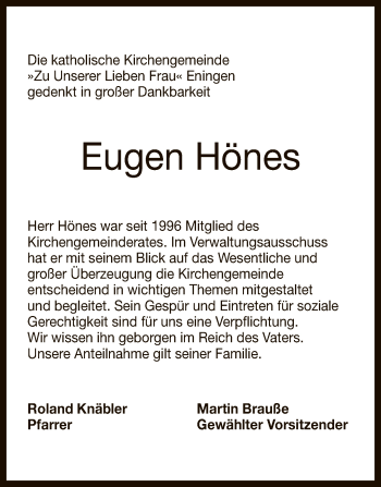 Anzeige von Eugen Hönes von Reutlinger General-Anzeiger