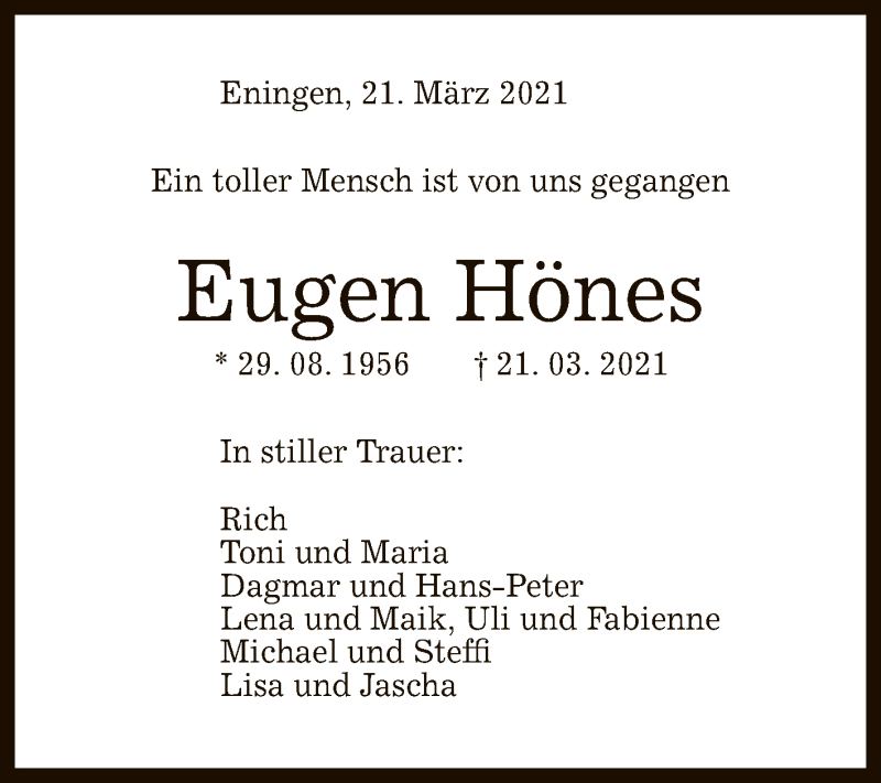  Traueranzeige für Eugen Hönes vom 23.03.2021 aus Reutlinger General-Anzeiger