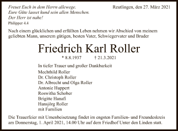 Anzeige von Friedrich Karl Roller von Reutlinger General-Anzeiger