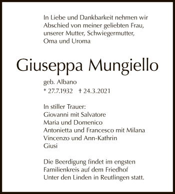 Anzeige von Giuseppa Mungiello von Reutlinger General-Anzeiger