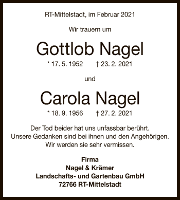 Anzeige von Gottlob und Carola Nagel von Reutlinger General-Anzeiger