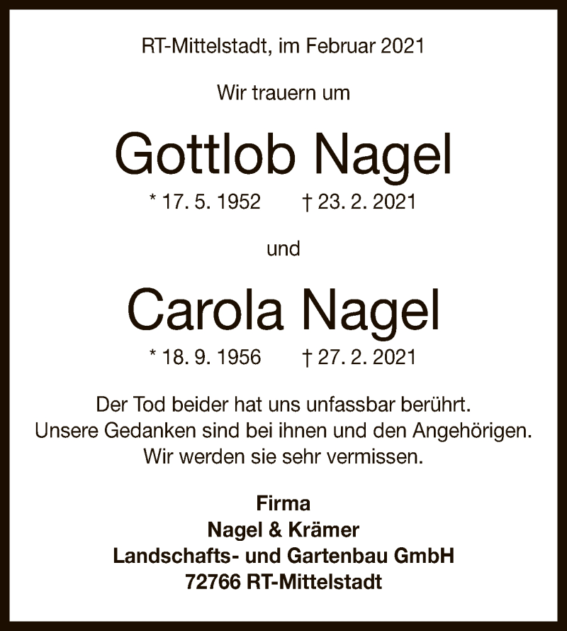  Traueranzeige für Gottlob und Carola Nagel vom 04.03.2021 aus Reutlinger General-Anzeiger