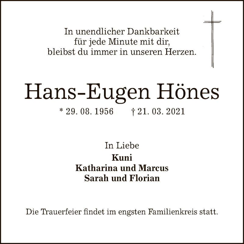  Traueranzeige für Hans-Eugen Hönes vom 23.03.2021 aus Reutlinger General-Anzeiger