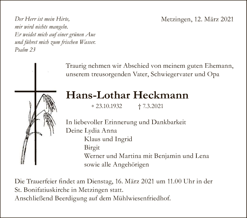  Traueranzeige für Hans-Lothar Heckmann vom 12.03.2021 aus Reutlinger General-Anzeiger