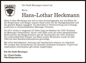 Anzeige von Hans-Lothar Heckmann von Reutlinger General-Anzeiger