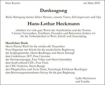 Anzeige von Hans-Lothar Heckmann von Reutlinger General-Anzeiger