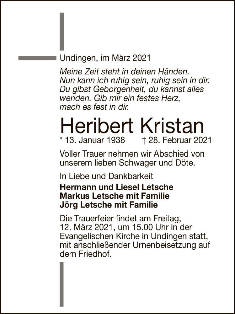 Traueranzeige für Heribert Kristan vom 04.03.2021 aus Reutlinger General-Anzeiger