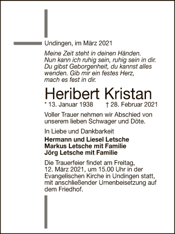 Anzeige von Heribert Kristan von Reutlinger General-Anzeiger