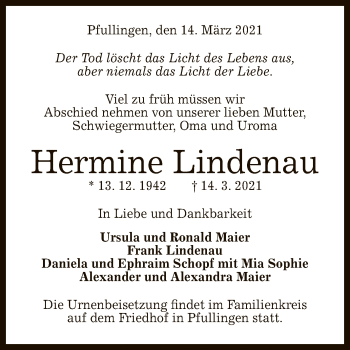 Anzeige von Hermine Lindenau von Reutlinger General-Anzeiger