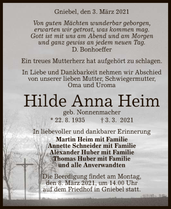 Anzeige von Hilde Anna Heim von Reutlinger General-Anzeiger