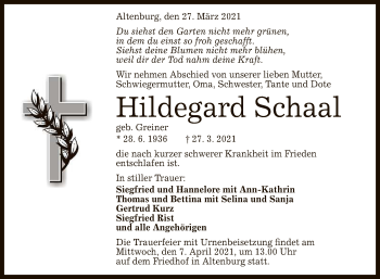 Anzeige von Hildegard Schaal von Reutlinger General-Anzeiger