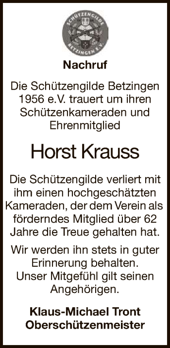 Anzeige von Horst Krauss von Reutlinger General-Anzeiger