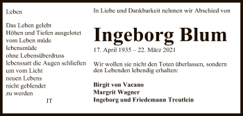 Anzeige von Ingeborg Blum von Reutlinger General-Anzeiger