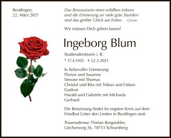 Anzeige von Ingeborg Blum von Reutlinger General-Anzeiger