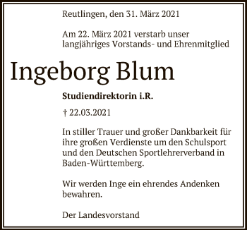 Anzeige von Ingeborg Blum von Reutlinger General-Anzeiger