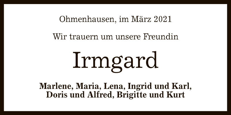  Traueranzeige für Irmgard  vom 04.03.2021 aus Reutlinger General-Anzeiger