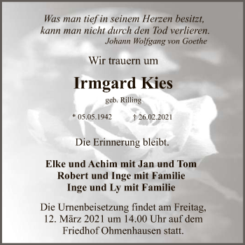 Anzeige von Irmgard Kies von Reutlinger General-Anzeiger