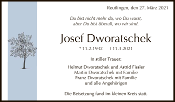 Anzeige von Josef Dworatschek von Reutlinger General-Anzeiger