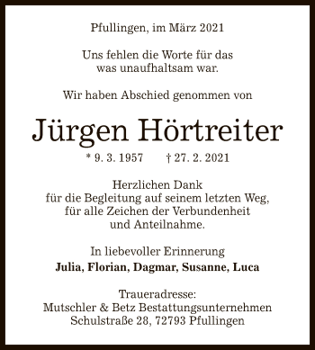 Anzeige von Jürgen Hörtreiter von Reutlinger General-Anzeiger