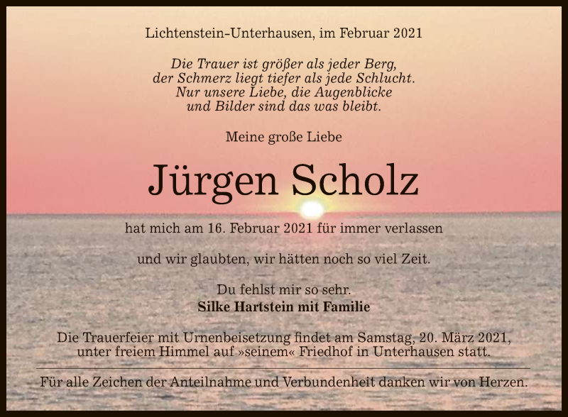  Traueranzeige für Jürgen Scholz vom 13.03.2021 aus Reutlinger General-Anzeiger