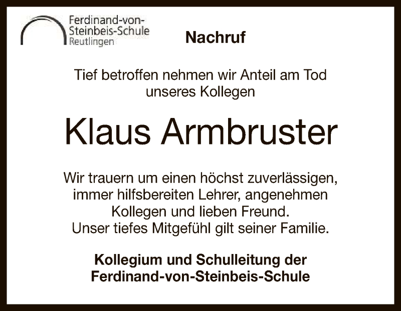  Traueranzeige für Klaus Armbruster vom 31.03.2021 aus Reutlinger General-Anzeiger