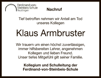 Anzeige von Klaus Armbruster von Reutlinger General-Anzeiger
