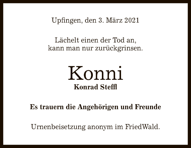  Traueranzeige für Konrad Steffl vom 06.03.2021 aus Reutlinger General-Anzeiger