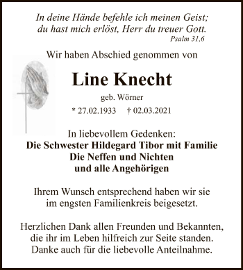 Anzeige von Line Knecht von Reutlinger General-Anzeiger