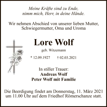 Anzeige von Lore Wolf von Reutlinger General-Anzeiger