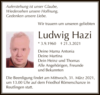 Anzeige von Ludwig Hazi von Reutlinger General-Anzeiger