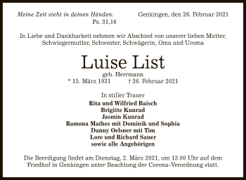 Anzeige von Luise List von Reutlinger General-Anzeiger
