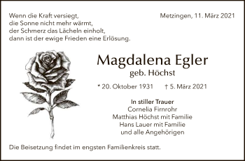 Anzeige von Magdalena Egler von Reutlinger General-Anzeiger