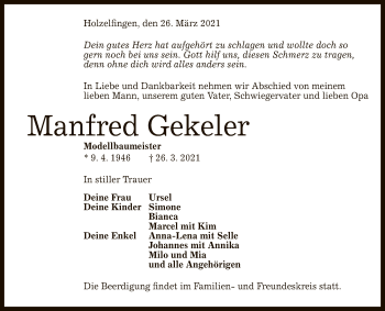 Anzeige von Manfred Gekeler von Reutlinger General-Anzeiger