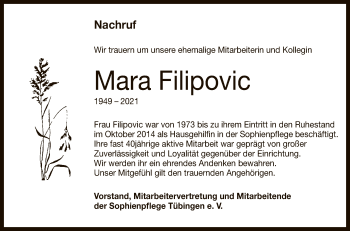 Anzeige von Mara Filipovic von Reutlinger General-Anzeiger